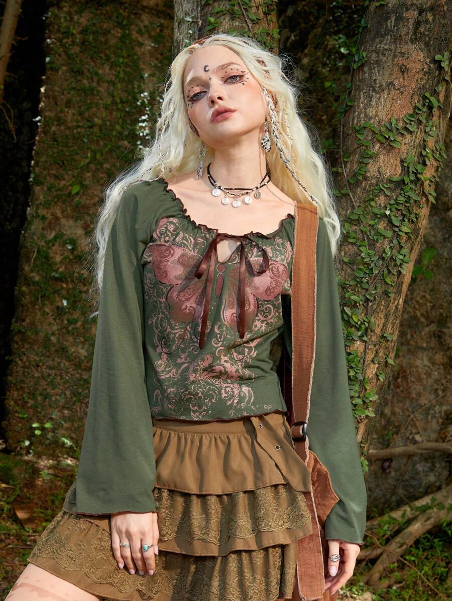 ROMWE Fairycore Butterfly Print Tie Front Tee - Green - View 1
