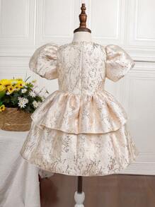 年輕女孩們提花泡泡袖雙層下擺派對禮服 - 香檳色 - 查看 2