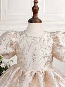 年輕女孩們提花泡泡袖雙層下擺派對禮服 - 香檳色 - 查看 5