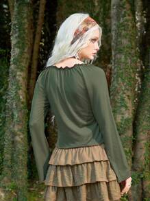 ROMWE Fairycore Butterfly Print Tie Front Tee - Green - View 2