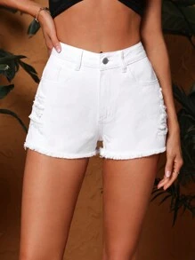 SHEIN Essnce Quần short denim nữ Nút Túi Hem thô màu trơn - trắng - Xem 1