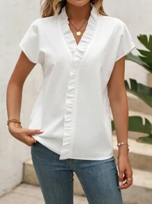 SHEIN LUNE Solid Ruffle Trim Batwing Sleeve Blouse - White - View 3