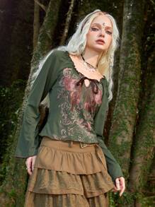 ROMWE Fairycore Butterfly Print Tie Front Tee - Green - View 3