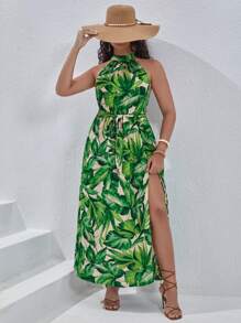 SHEIN VCAY Plus Tropical Print Split Thigh Belted Halter Dress - Multicolor - View 4