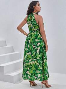 SHEIN VCAY Plus Tropical Print Split Thigh Belted Halter Dress - Multicolor - View 2