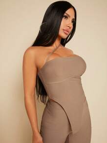 SHEIN SXY 單肩不對稱下擺短款上衣 - 杏色 - 查看 1