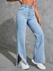 SHEIN EZwear Split Hem Wide Leg Jeans - Light Wash - View 3