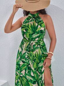 SHEIN VCAY Plus Tropical Print Split Thigh Belted Halter Dress - Multicolor - View 5