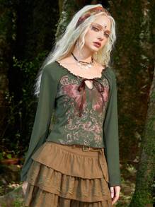ROMWE Fairycore Butterfly Print Tie Front Tee - Green - View 4