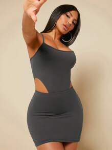 SHEIN SXY Solid Cami Bodysuit & Bodycon Skirt - Dark Grey - View 1