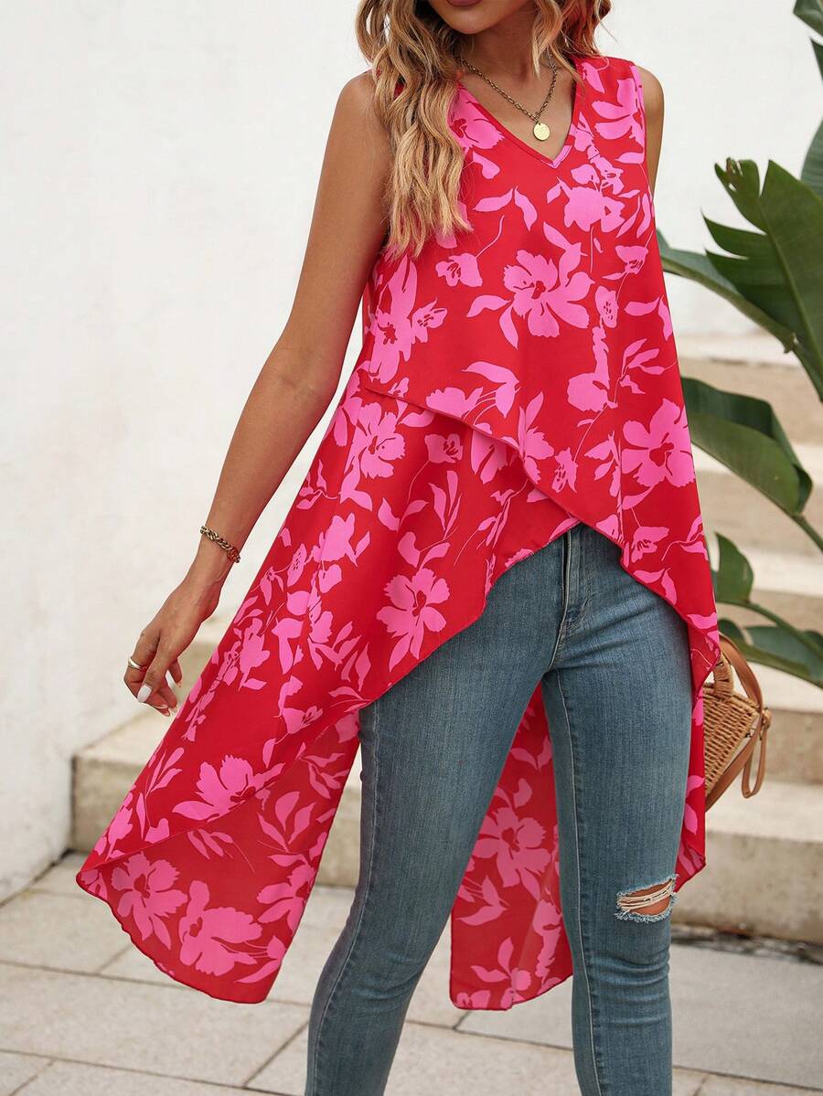 SHEIN VCAY Áo sơ mi nữ Bất đối xứng Cao thấp Hoa Tất cả trên in Boho - Đỏ - Xem 1