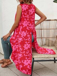 SHEIN VCAY Áo sơ mi nữ Bất đối xứng Cao thấp Hoa Tất cả trên in Boho - Đỏ - Xem 2