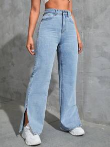 SHEIN EZwear Split Hem Wide Leg Jeans - Light Wash - View 6
