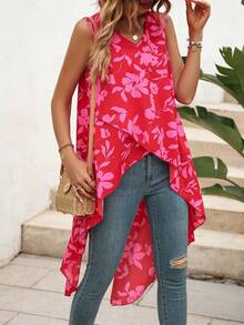 SHEIN VCAY Áo sơ mi nữ Bất đối xứng Cao thấp Hoa Tất cả trên in Boho - Đỏ - Xem 5