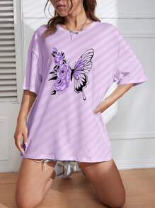 INAWLY Butterfly Print Drop Shoulder Tee Graphic Tees Women Tops - Purple - View 3