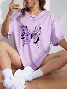 INAWLY Butterfly Print Drop Shoulder Tee Graphic Tees Women Tops - Purple - View 5
