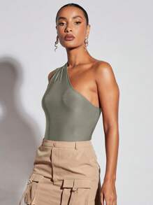 SHEIN BAE 單肩素色連身背心 - 灰色 - 查看 3