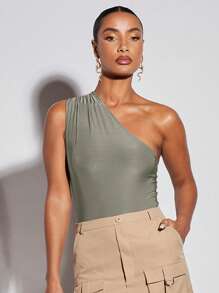 SHEIN BAE 單肩素色連身背心 - 灰色 - 查看 5