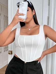 SHEIN EZwear Plus Solid Asymmetrical Hem White Tank Top - White - View 3