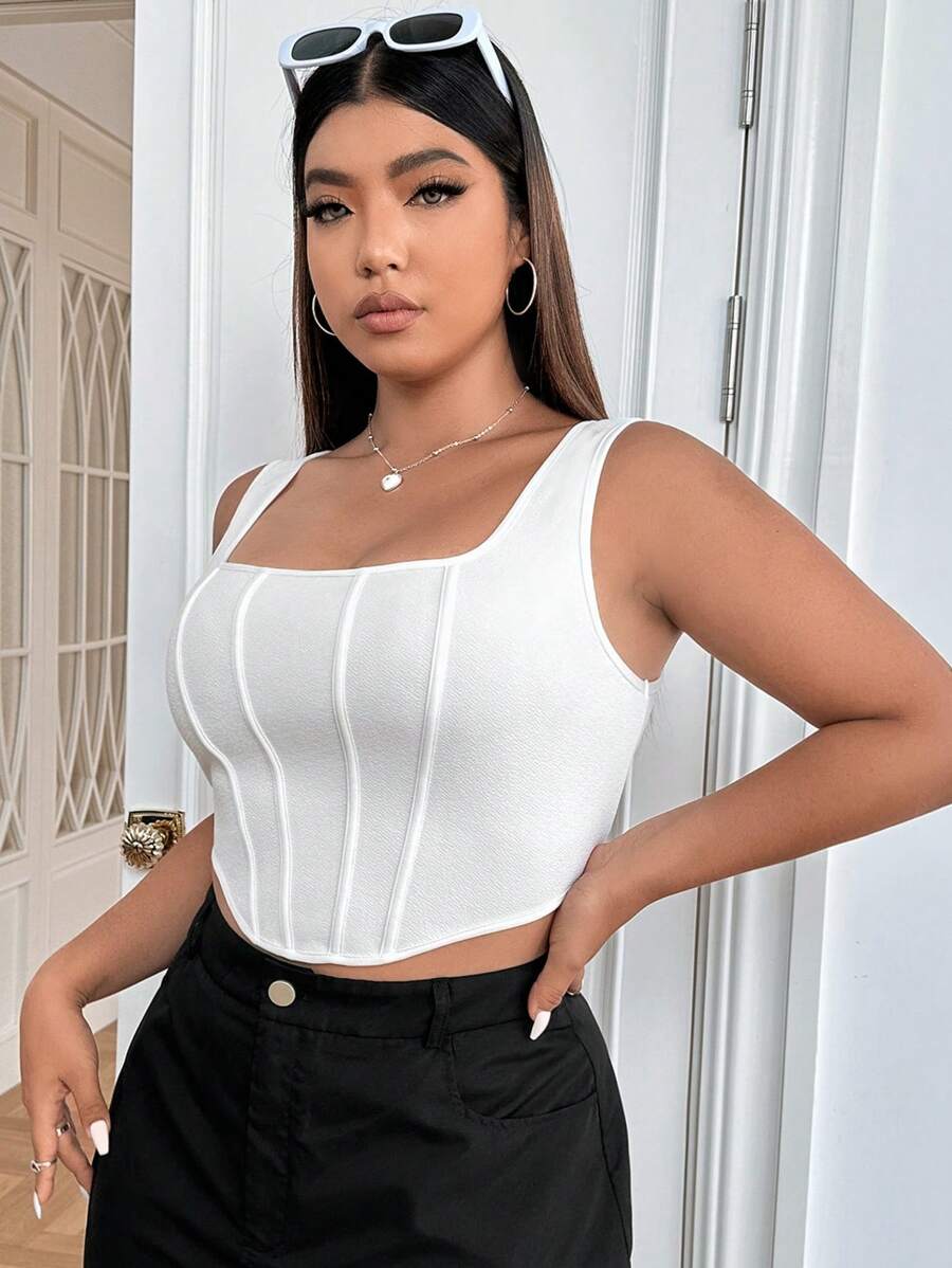 SHEIN EZwear Plus Solid Asymmetrical Hem White Tank Top - White - View 1