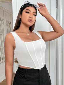 SHEIN EZwear Plus Solid Asymmetrical Hem White Tank Top - White - View 5