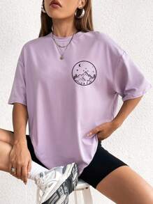 INAWLY 太阳和月亮印花落肩 T 恤 图案 T 恤 女式上衣 - 淡紫色 - 查看 3