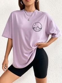 INAWLY 太阳和月亮印花落肩 T 恤 图案 T 恤 女式上衣 - 淡紫色 - 查看 5