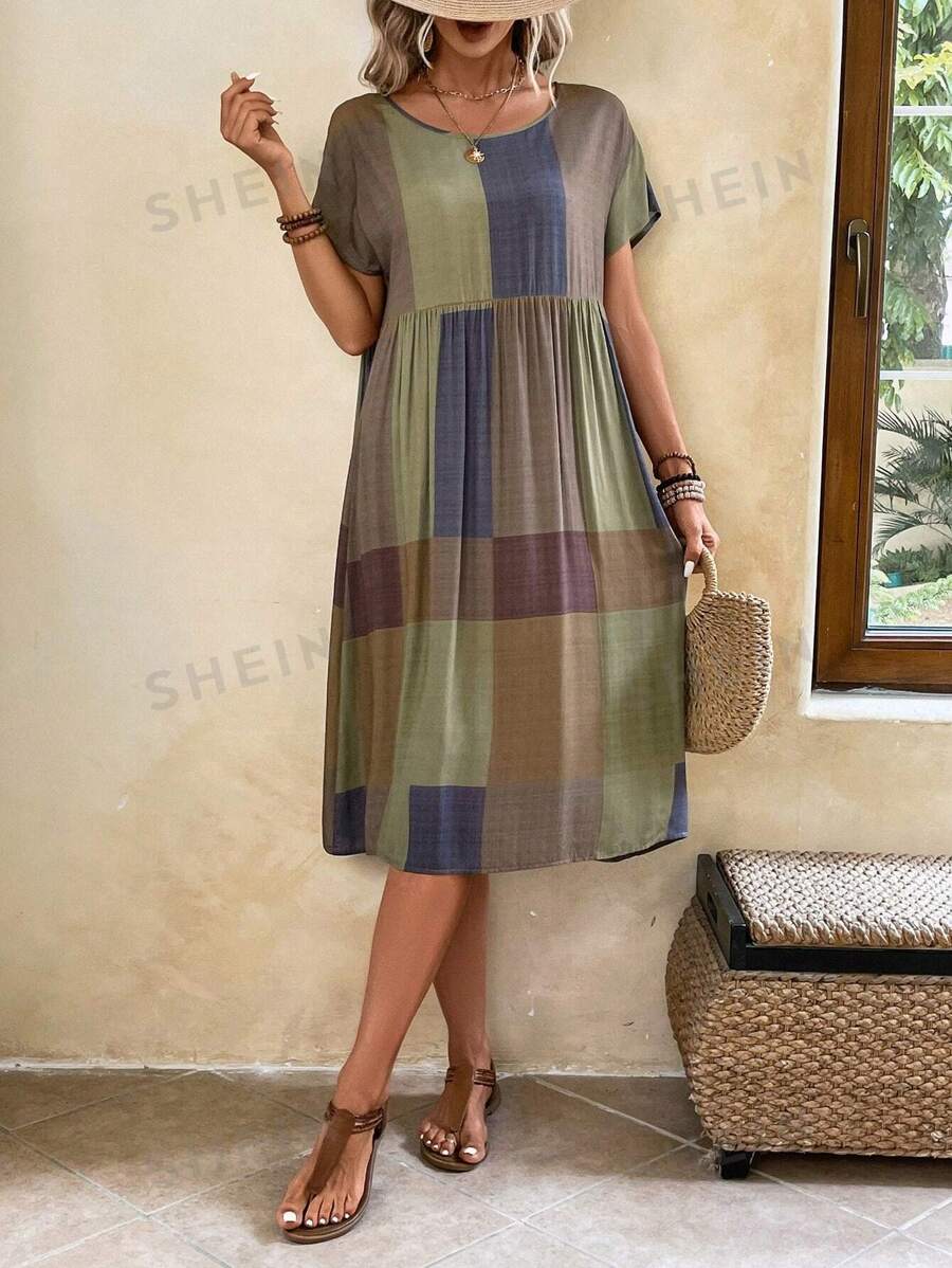 EMERY ROSE Rochie smock cu mâneci liliac cu imprimeu în carouri