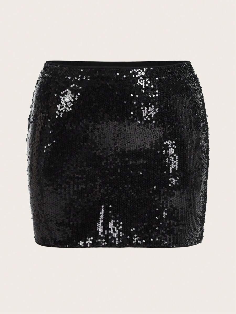 SHEIN ICON Plus Sequin Bodycon Skirt - Black - View 1