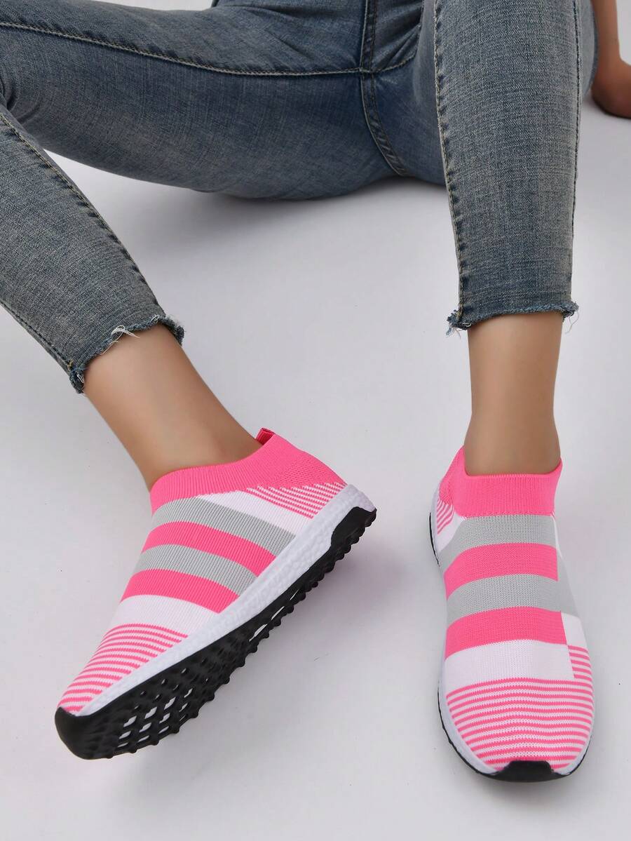 Ladies' Striped Sneakers - Hot Pink - View 1