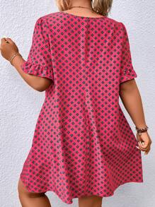 SHEIN LUNE 大碼滿版印花荷葉袖直筒連衣裙 - 玫紅色 - 查看 2