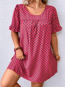 SHEIN LUNE 大碼滿版印花荷葉袖直筒連衣裙 - 玫紅色 - 查看 5