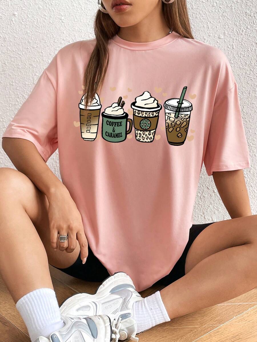 SHEIN EZwear 飲料印花落肩T恤 - 珊瑚粉 - 查看 1