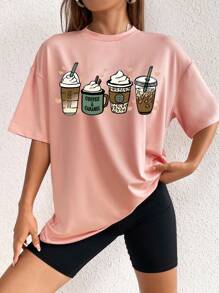 SHEIN EZwear 飲料印花落肩T恤 - 珊瑚粉 - 查看 5