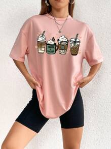 SHEIN EZwear 飲料印花落肩T恤 - 珊瑚粉 - 查看 6