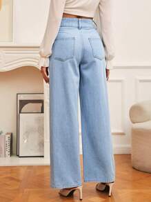 SHEIN Frenchy High Waist Pearls Beaded Wide Leg Jeans - Light Wash - View 2