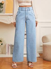 SHEIN Frenchy High Waist Pearls Beaded Wide Leg Jeans - Light Wash - View 3