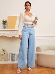 SHEIN Frenchy High Waist Pearls Beaded Wide Leg Jeans - Light Wash - View 4