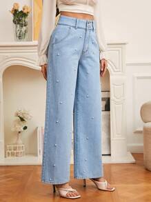 SHEIN Frenchy High Waist Pearls Beaded Wide Leg Jeans - Light Wash - View 5