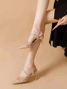 Dép Cao Gót Phối Lưới Màu Vàng Thanh Lịch, Giày Sandal Nữ Cao Gót Quai Màu Vàng - Vàng - Xem 3