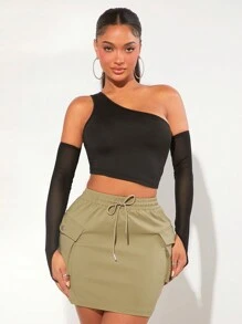 SHEIN SXY Asymmetrical Neck Middle-finger Hole Sleeve Crop Top - Black - View 1