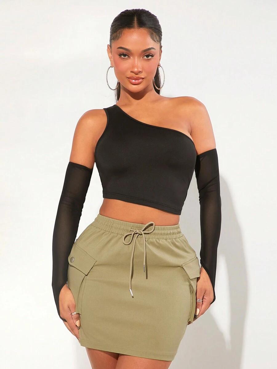 SHEIN SXY Asymmetrical Neck Middle-finger Hole Sleeve Crop Top - Black - View 1