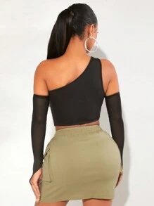 SHEIN SXY Asymmetrical Neck Middle-finger Hole Sleeve Crop Top - Black - View 2