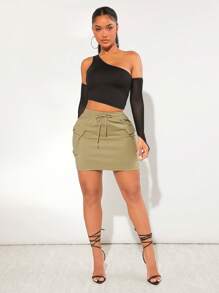 SHEIN SXY Asymmetrical Neck Middle-finger Hole Sleeve Crop Top - Black - View 3