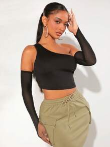 SHEIN SXY Asymmetrical Neck Middle-finger Hole Sleeve Crop Top - Black - View 5