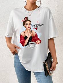 SHEIN Essnce Figure & Slogan Graphic Drop Shoulder Oversized Tee - White - View 4