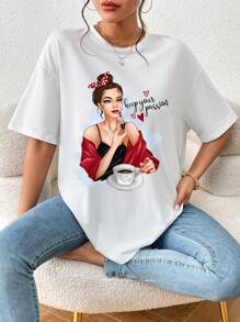 SHEIN Essnce Figure & Slogan Graphic Drop Shoulder Oversized Tee - White - View 6