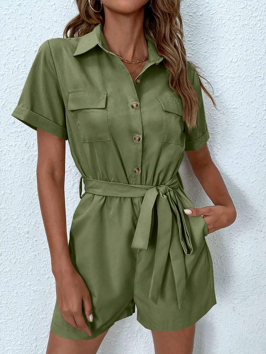 INAWLY Túi có nắp Thắt lưng Áo sơ mi Romper - xanh quân đội - Xem 1