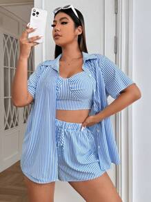 SHEIN EZwear Plus Striped Print Blouse & Shorts & Cami Top - Blue - View 1