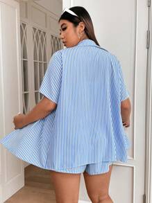 SHEIN EZwear Plus Striped Print Blouse & Shorts & Cami Top - Blue - View 2